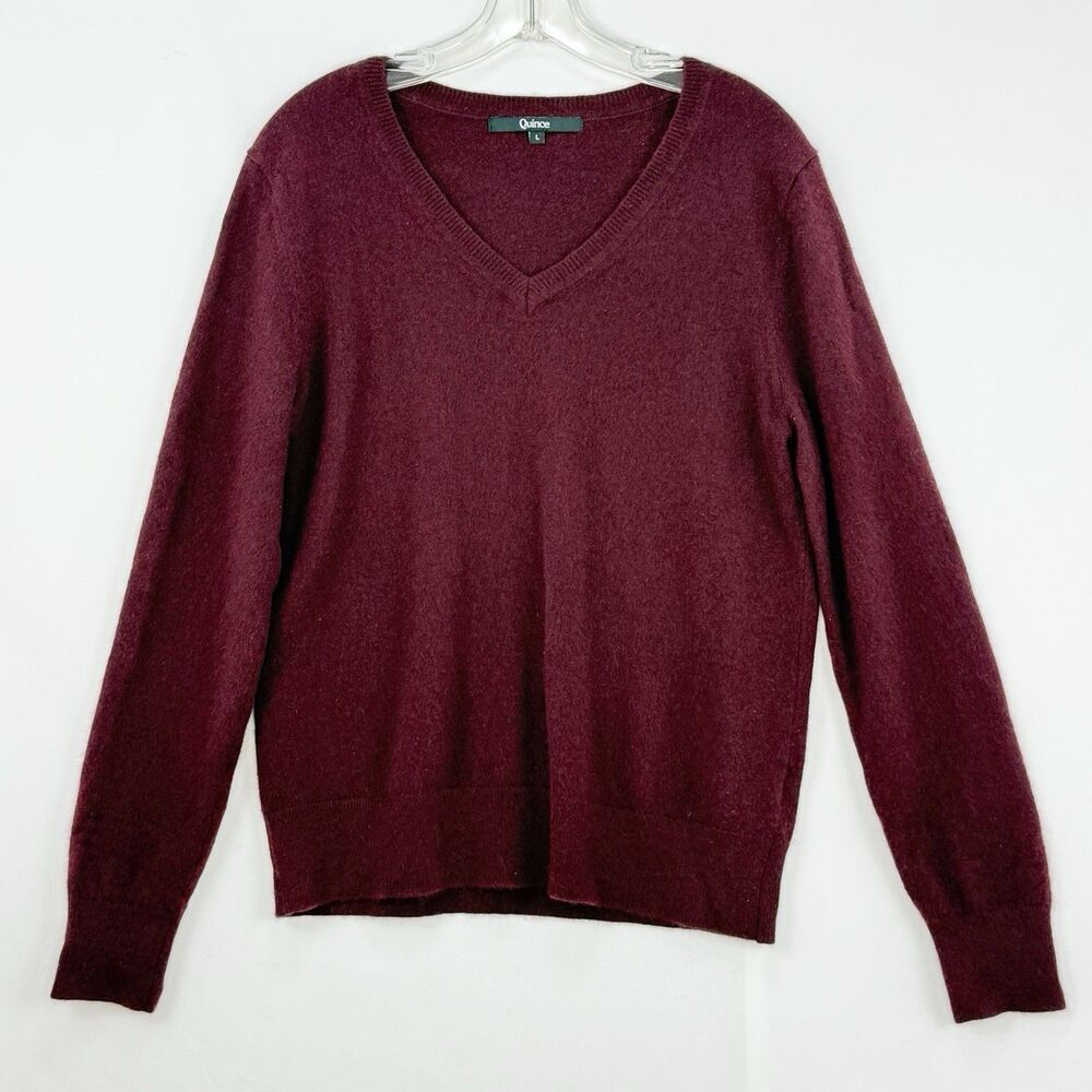 Quince Women Mongolian Cashmere V-Neck Sweater Rich Burgundy Sleeved Top Size L - Picture 2 of 16